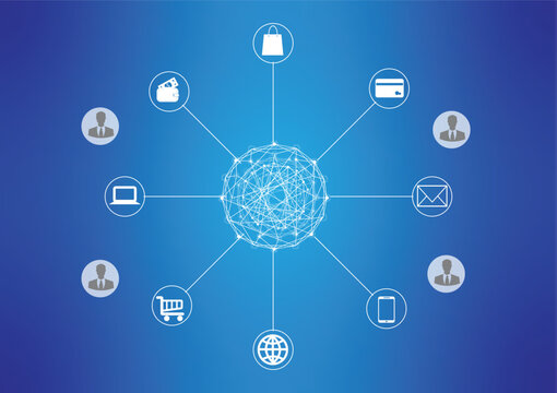 Illustration of a global social network concept with connected icons on gradient blue background. illustrations featuring modern technology.