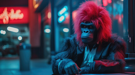 Fototapeta na wymiar Sad ape emotionally drained and depressed, sitting lonely and neglected outside cyberpunk city streets, masculine and tough but has broken heart - generative AI