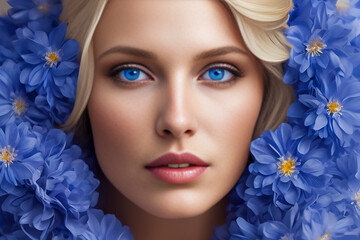 Young fashionable woman with blond hair and blue eyes looks at the camera in a close-up glamor portrait. She is surrounded by a beautiful flowering plant to enhance natural beauty. GENERATIVE AI