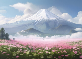 Floral Fantasy: A Beautiful View of Blossoming Flower Fields with the Majestic Mountains Standing Guard in the Distance Preserving Nature Beauty with Beautiful Mix of Colors