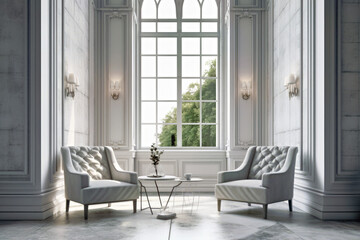 Fototapeta premium Bright stylish living room with two armchairs, Generative AI