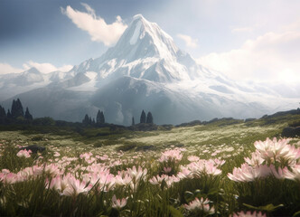 Floral Fantasy: A Beautiful View of Blossoming Flower Fields with the Majestic Mountains Standing Guard in the Distance Preserving Nature Beauty with Beautiful Mix of Colors