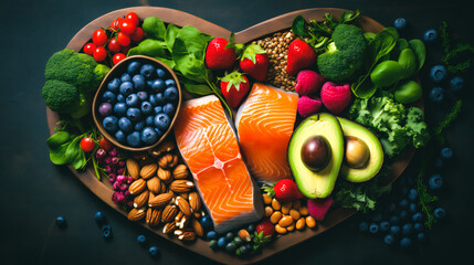 a plate of colorful and nutrient-dense foods such as leafy greens, berries, salmon, nuts, and seeds Generative AI - obrazy, fototapety, plakaty