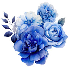 Illustration Bouquet of blue flowers, watercolor blue floral, rose, peony, dahlia, Isolated on transparent background. Generative AI