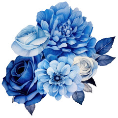 Illustration Bouquet of blue flowers, watercolor blue floral, rose, peony, dahlia, Isolated on transparent background. Generative AI
