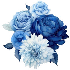 Illustration Bouquet of blue flowers, watercolor blue floral, rose, peony, dahlia, Isolated on transparent background. Generative AI