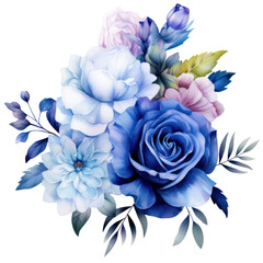 Fototapeta premium Illustration Bouquet of blue flowers, watercolor blue floral, rose, peony, dahlia, Isolated on transparent background. Generative AI