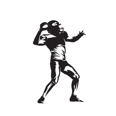 Fototapeta na wymiar American football player throws ball, isolated vector silhouette, ink drawing logo