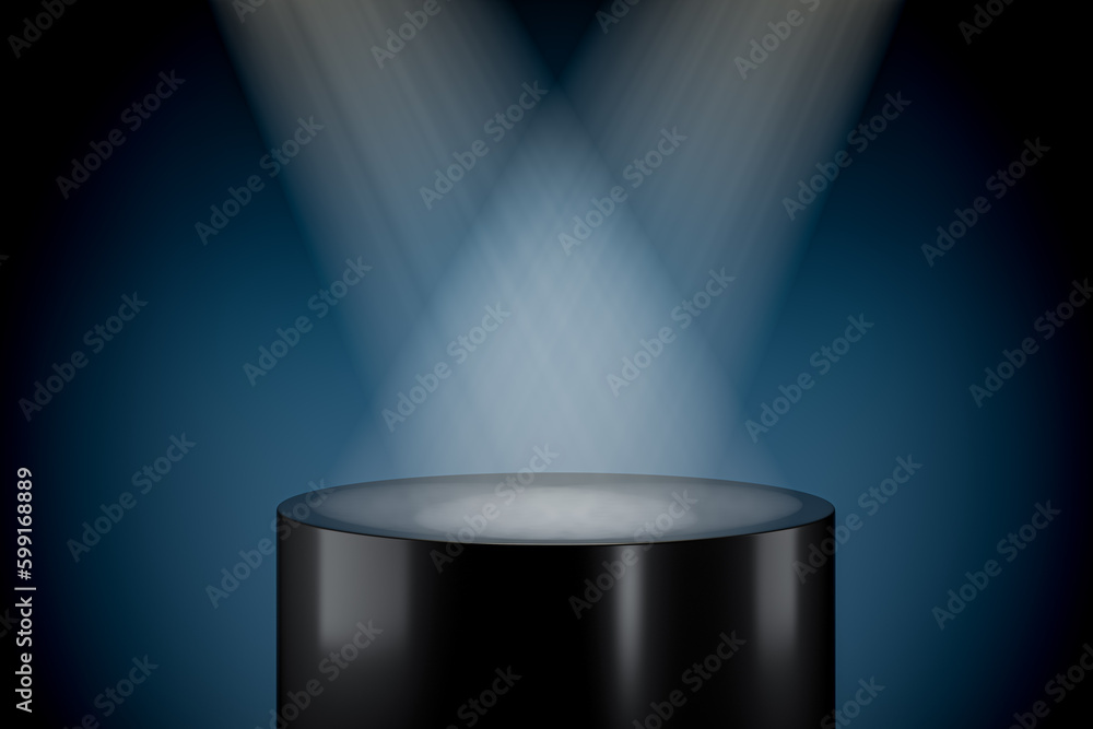Wall mural 3d presentation pedestal illuminated by ray of spot light. 3d rendering of mockup of presentation po