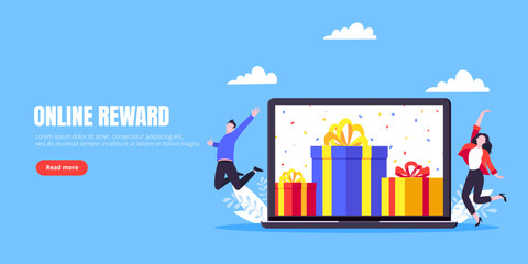 Get online reward and gifts, earn loyalty program points. Get loyalty card and customer service business concept flat design vector illustration. Tiny people with big gift boxes.