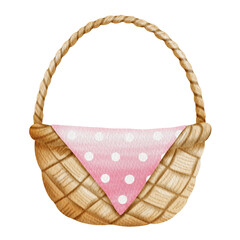 Watercolor brown basket and pink fabric.	