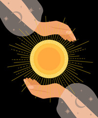 Sun in hands on a black background. Composition in celestial style. Vector illustration.	