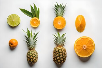 A tropical flat lay of juicy pineapples and zesty citrus fruits, perfect for a refreshing summer snack. generated by AI