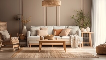 Stylish sofa, coffee table, and decorative accessories