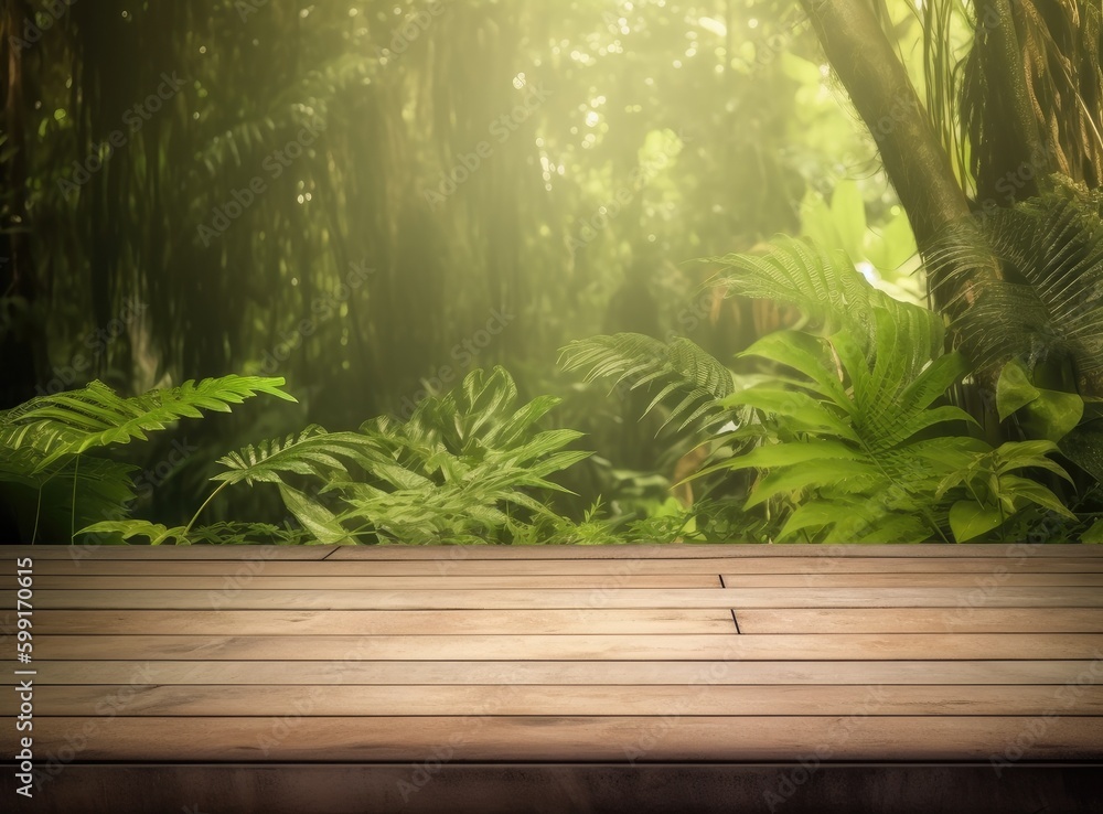 Poster wooden table top with spring green leafs as frame and free space for text created with generative ai