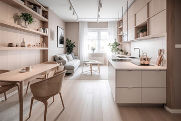 Warm pastel white and beige colors are used in the interior design of the spacious, cheerful studio apartment in the Scandinavian style. Modern touches in the kitchen and fashionable, generative AI