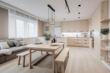 Fototapeta na wymiar Warm pastel white and beige colors are used in the interior design of the spacious, cheerful studio apartment in the Scandinavian style. Modern touches in the kitchen and fashionable, generative AI