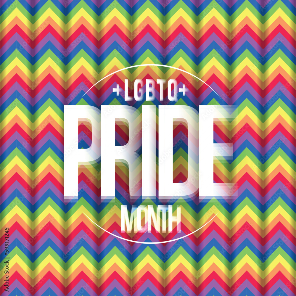 Poster lgbtq plus pride month white gradient motion text on rainbow pride zigzag texture background vector 