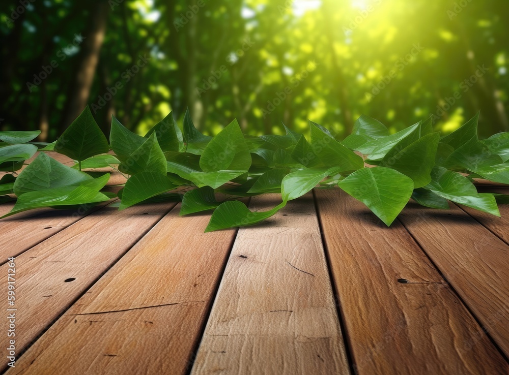 Poster wooden table top with spring green leafs as frame and free space for text created with generative ai