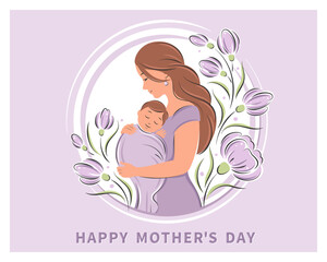 Woman holding baby in her arms. Happy mother's day. Greeting card for moms. Vector illustration.