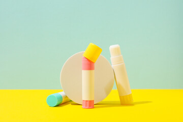 Concept of different office stationery with glue