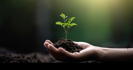 hand holding young plant on blur green nature background. concept eco earth day. created with Generative AI technology