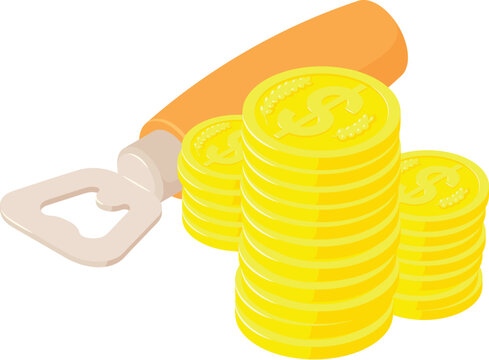 Beverage production icon isometric vector. Wooden bottle opener and coin stack. Hobby, production, business