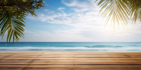 Obraz premium Wooden floors, sea backdrop wooden table. Bright holiday concept. Vacation concept. Beautiful natural landscape. Realistic tropical illustration. Construction decoration concept. Retro style.