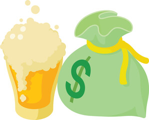Beer trade icon isometric vector. Glass foamy beer mug and bag with dollar sign. Beverage production, business