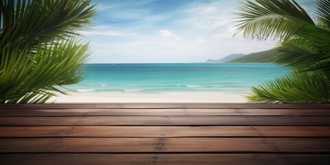 Wooden floors, sea backdrop wooden table. Bright holiday concept. Vacation concept. Beautiful natural landscape. Realistic tropical illustration. Construction decoration concept. Retro style.