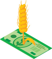 Brewing concept icon isometric vector. Ripe spikelet of barley on dollar bill. Beer production, business