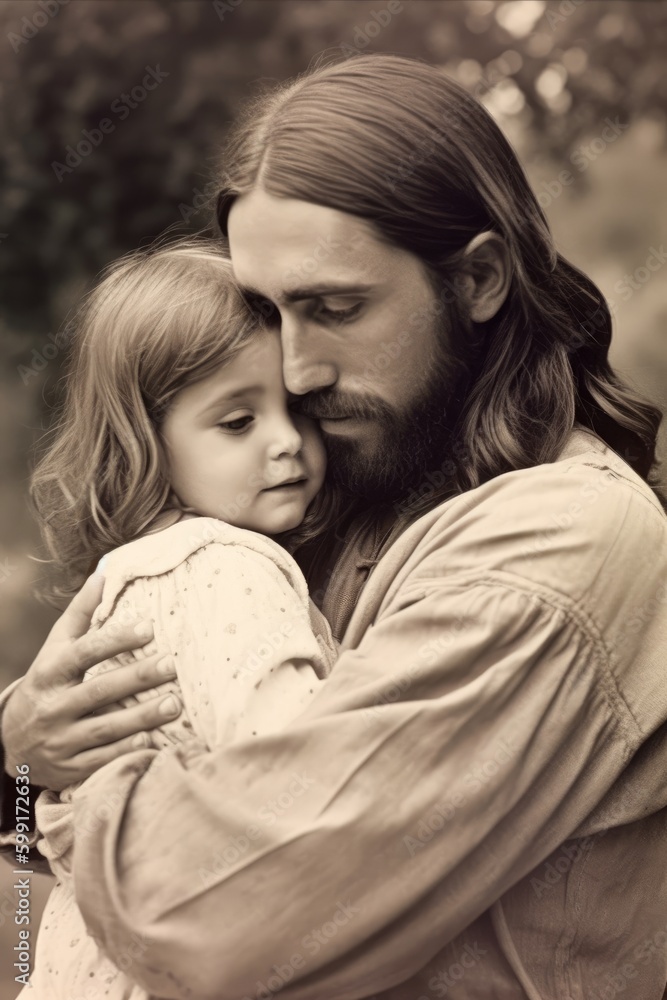 Wall mural A fraternal embrace of Jesus Christ our Saviour to a cute innocent child Generative AI Illustration