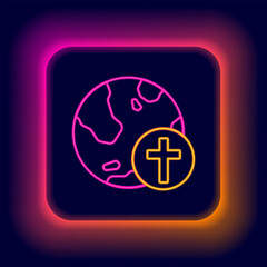 Glowing neon line Christian cross with globe Earth icon isolated on black background. World religion day. Colorful outline concept. Vector