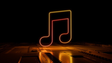 Orange and Yellow Audio Technology Concept with music symbol as a neon light. Vibrant colored icon, on a black background with high tech floor. 3D Render