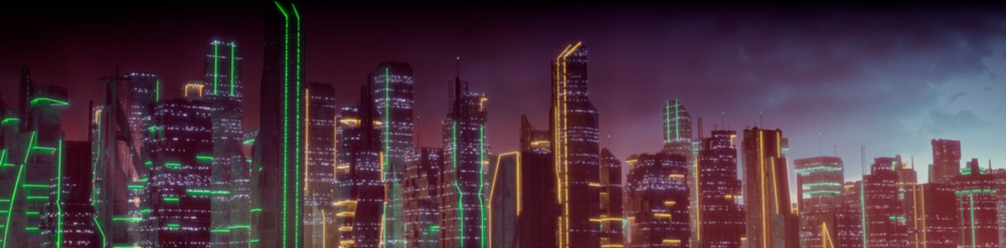 Sci-fi Metropolis with Orange and Green Neon lights. Night scene with Futuristic Skyscrapers.