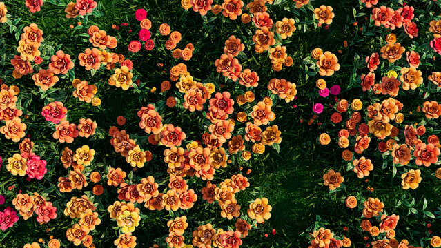 Floral Wallpaper with Orange and Pink Roses. Colorful Mother's Day Background with Multicolored Flowers.