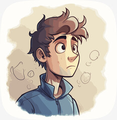 Teenager think. Thoughtful student, teen boy idea or university students guy solved question. Thinking teenager solution, studying adolescent guy vector cartoon illustration