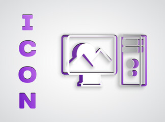 Paper cut Photo retouching icon isolated on grey background. Photographer, photography, retouch icon. Paper art style. Vector