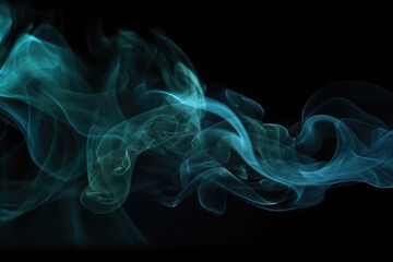 Fototapeta premium Smoke veil. Paint water. Night haze. Teal blue color glitter dust particles mist floating on dark black abstract art background with copy space