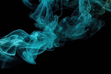 Smoke veil. Paint water. Night haze. Teal blue color glitter dust particles mist floating on dark black abstract art background with copy space