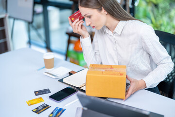Desperate frustrated bank client woman facing scam, overspending, problems with online payments,...