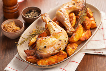 two oven-roasted organic chicken thighs on roasted potato wedges spiced with chili and paprika on oval ceramic plate, rosemary and black pepper. Checkered kitchen towel, brown wooden tabletop