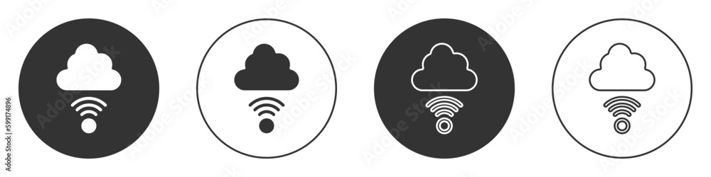 Poster Black Network cloud connection icon isolated on white background. Social technology. Cloud computing concept. Circle button. Vector