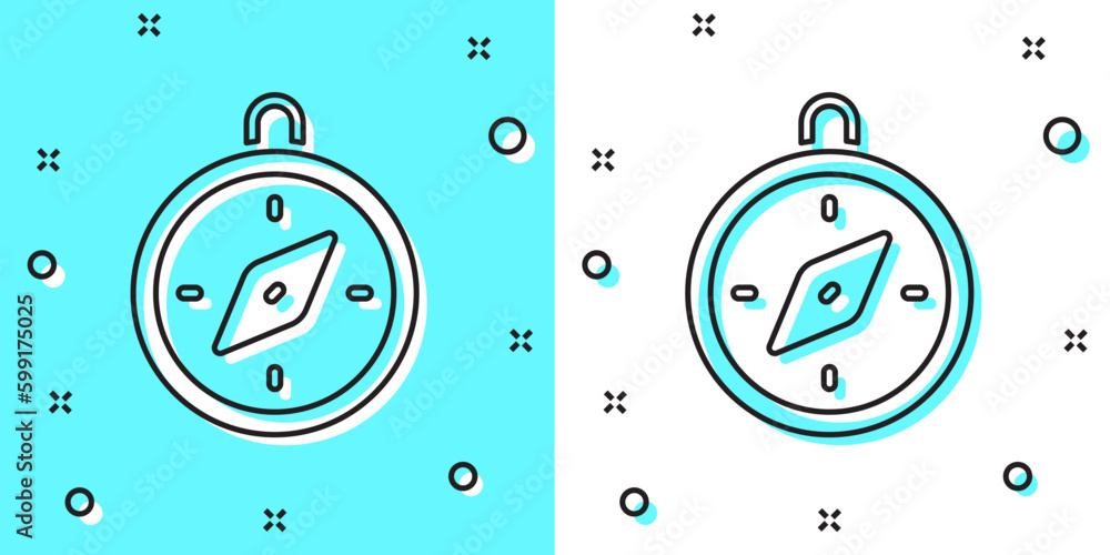 Poster black line compass icon isolated on green and white background. windrose navigation symbol. wind ros