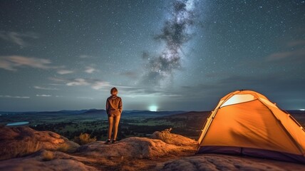 Hikers rest camping at night in the mountains under the beautiful night sky full of stars and the Milky Way. AI generated.