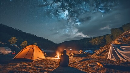 Hikers rest camping at night in the mountains under the beautiful night sky full of stars and the Milky Way. AI generated.