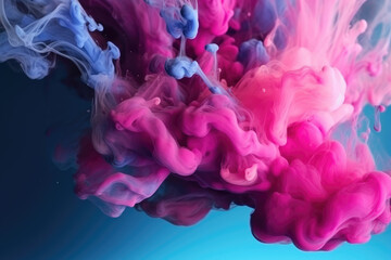Fototapeta premium Glitter fluid. Ink water shot. Paint blend. Pink blue color shiny glowing sparkling smoke cloud abstract art background with free space.