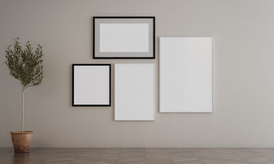 Modern living room and empty wall texture background interior design, poster and canvas frame, parquet floor, 3D rendering 