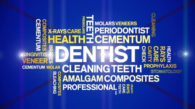 Dentist animated tag word cloud;text design animation kinetic typography seamless loop.