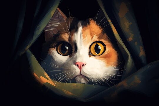 Curious Calico Cat Peeks Out From Behind A Curtain Illustration Generative Ai